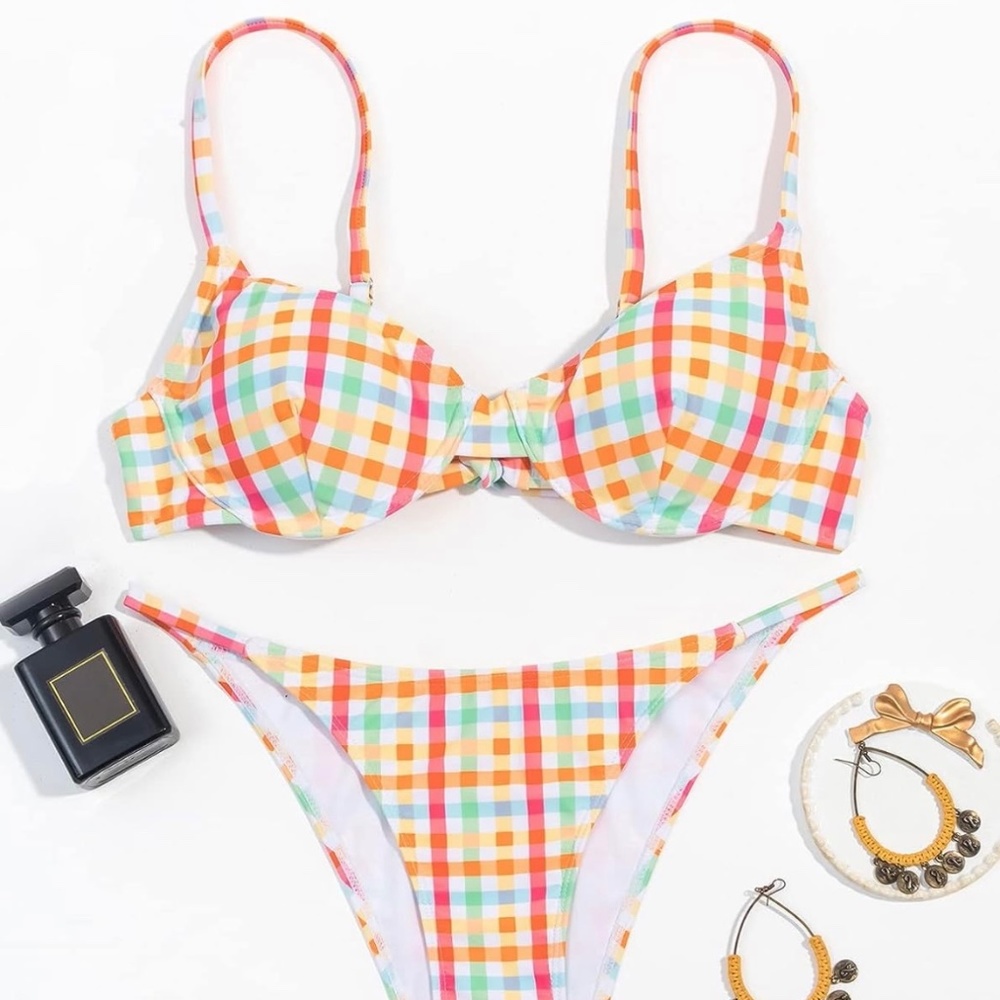 Women's Bathing Suit Plaid Print Underwire Two Piece Bikini Swimsuit